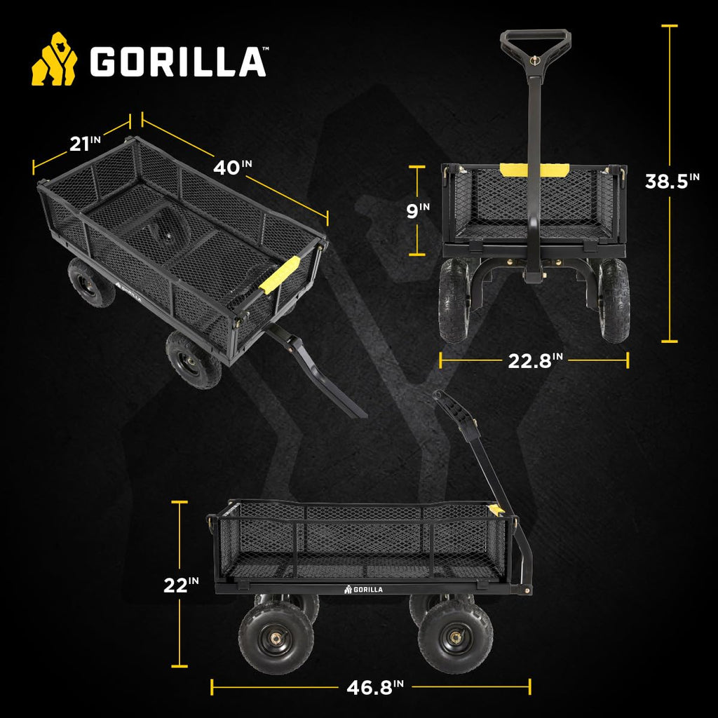 Gorilla Carts Steel Utility Cart, 4 Cu Ft Bed, 900 lb Load Capacity, Black – Towable Heavy-Duty Outdoor Hauling Wagon with Removable Side Panels for Yard, Lawn, Garden or Landscaping