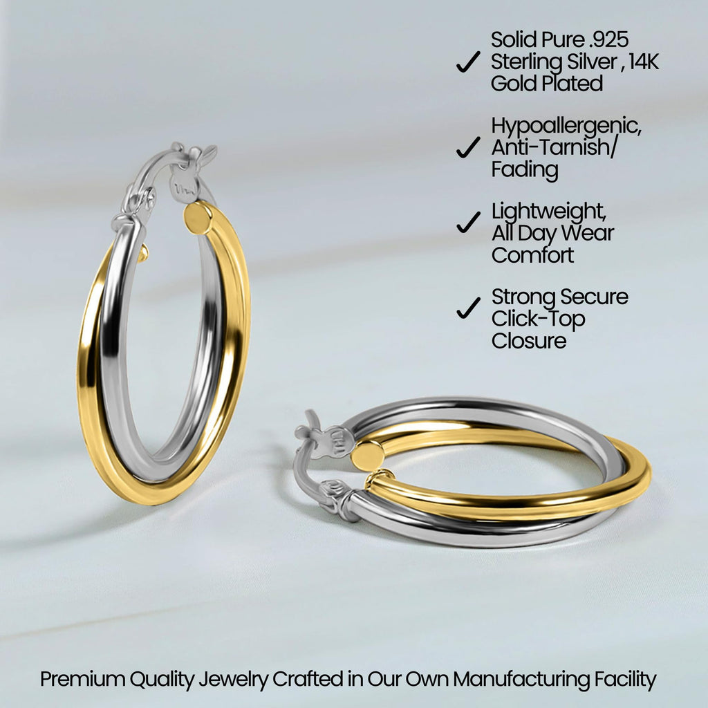 Hoops & Loops 925 Sterling Silver Intertwined Round Hoop Earrings for Women, Two-Tone Layered Trendy Double Square-Tube Hypoallergenic Click-Top Hoops, 20mm - Two-Tone Silver & Yellow Gold