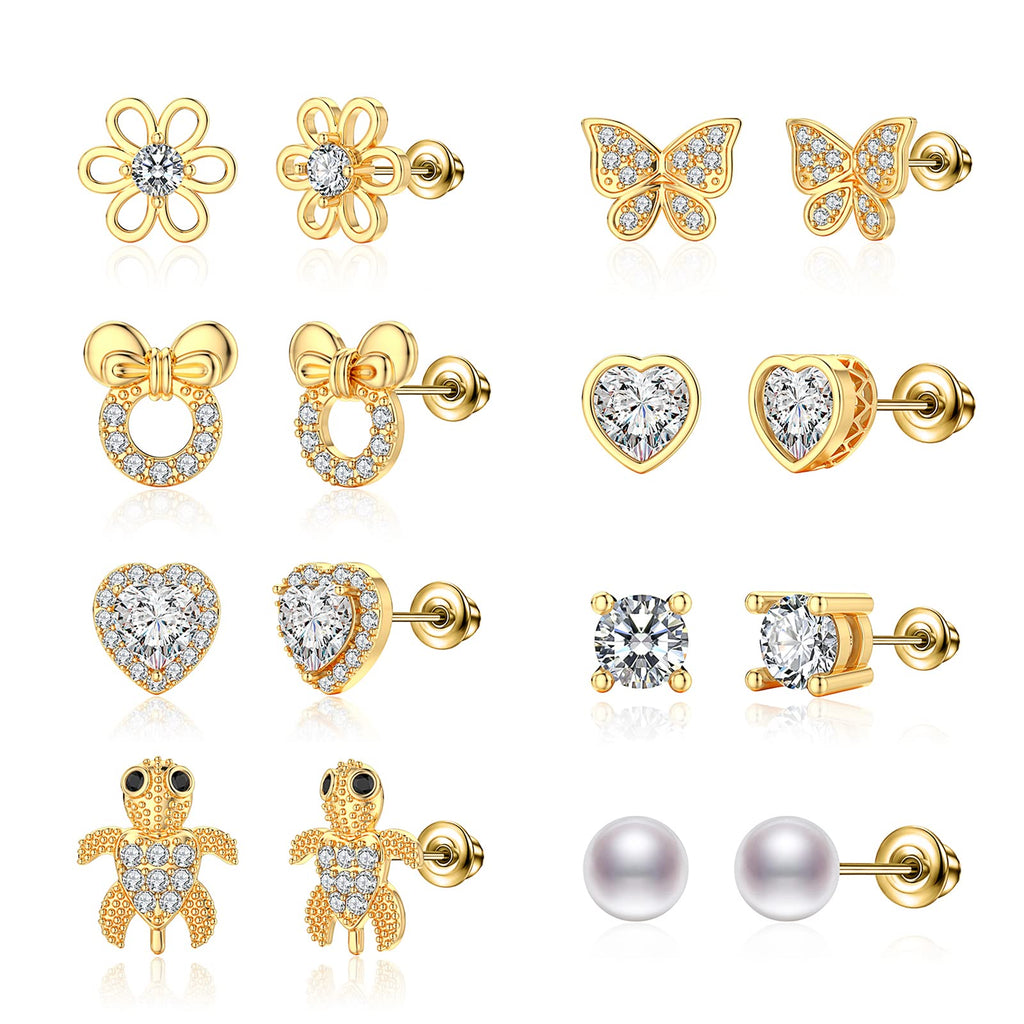 TOPBRIGHT 8 Pairs S925 Sterling Silver Stud Earrings Hypoallergenic Earrings with 18k Gold Plated Heart CZ Tiny Butterfly For Kids, Toddlers, Little Girls, Teens, Women