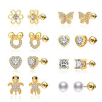 TOPBRIGHT 8 Pairs S925 Sterling Silver Stud Earrings Hypoallergenic Earrings with 18k Gold Plated Heart CZ Tiny Butterfly For Kids, Toddlers, Little Girls, Teens, Women
