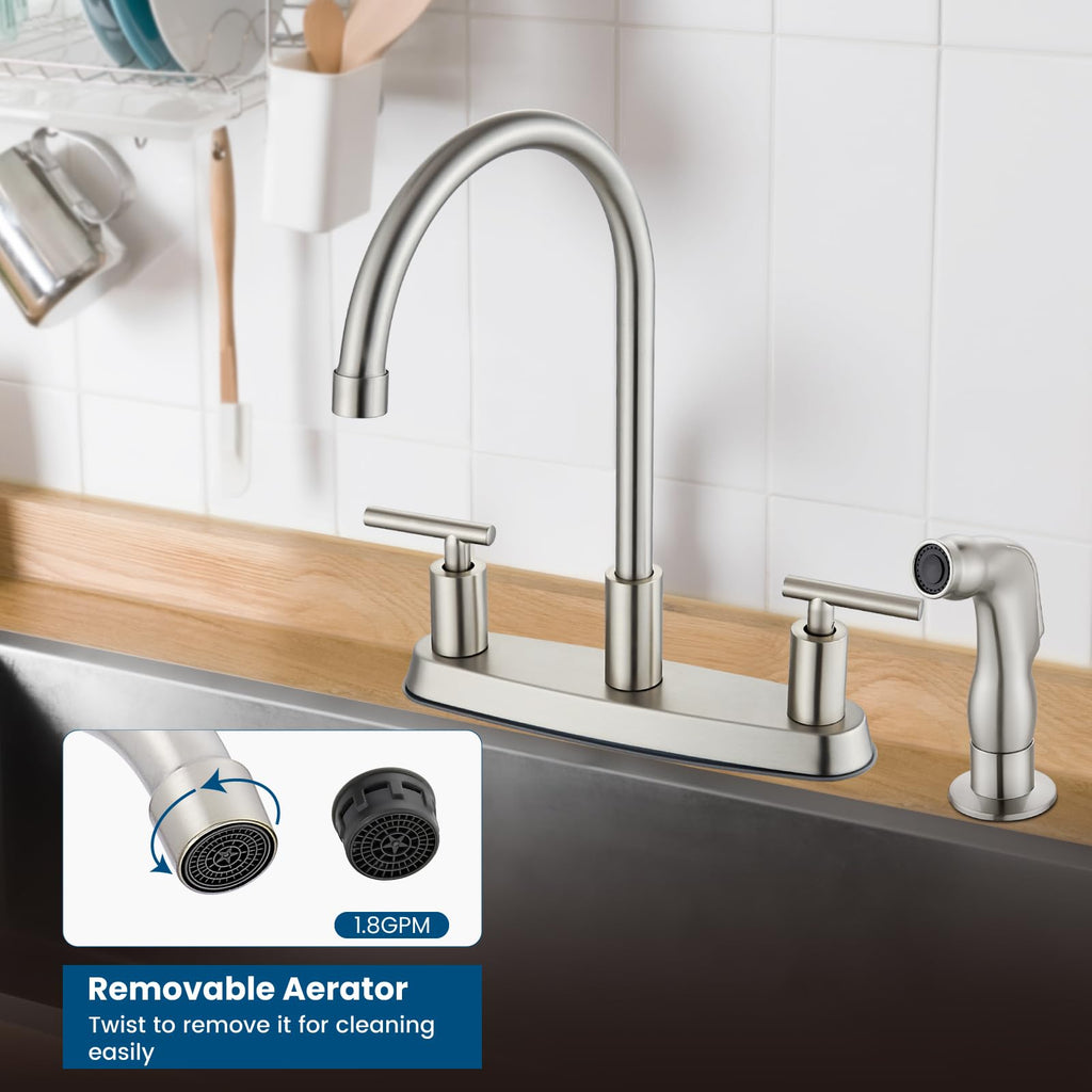 Cinwiny Kitchen Faucets, High Arc 360°Rotating Spout Kitchen Sink Faucet, 2 Handle 8 Inch Centerset RV Kitchen Faucet with Supply Lines, 3 or 4 Hole Kitchen Faucet with Side Sprayer, Brushed Nickel