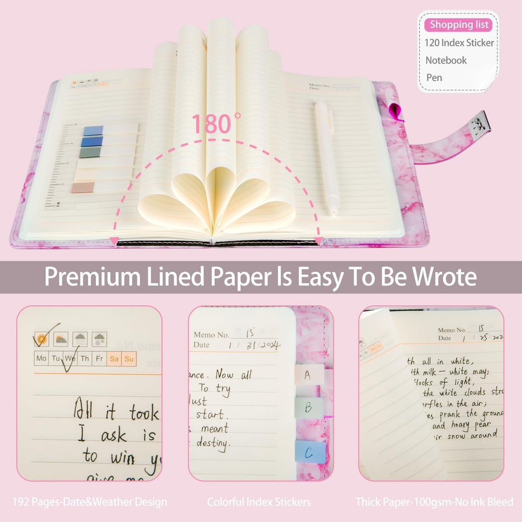 Kutoda Marble Diary with Lock, 192 Pages College Ruled Secret Journal with Lock, Waterproof A5 locked journal for women, Cute Diary Stuff for Teen Girls (Pink)