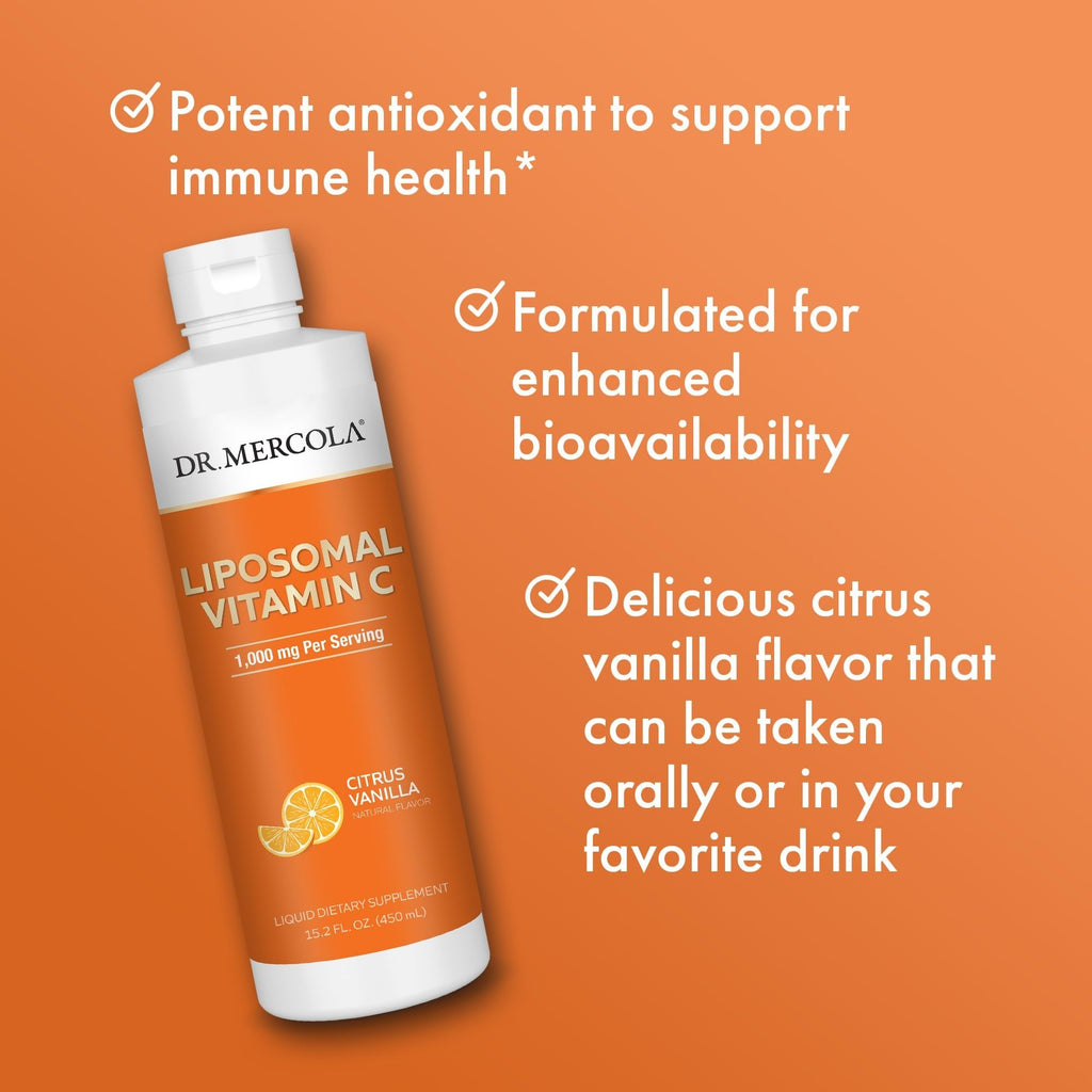 Dr. Mercola Liquid Liposomal Vitamin C - Antioxidant & Immune Support Supplement - Includes Vitamin E - GMO-Free, Gluten-Free & Soy-Free - Citrus Vanilla Flavor - 450 mL (30 Servings)