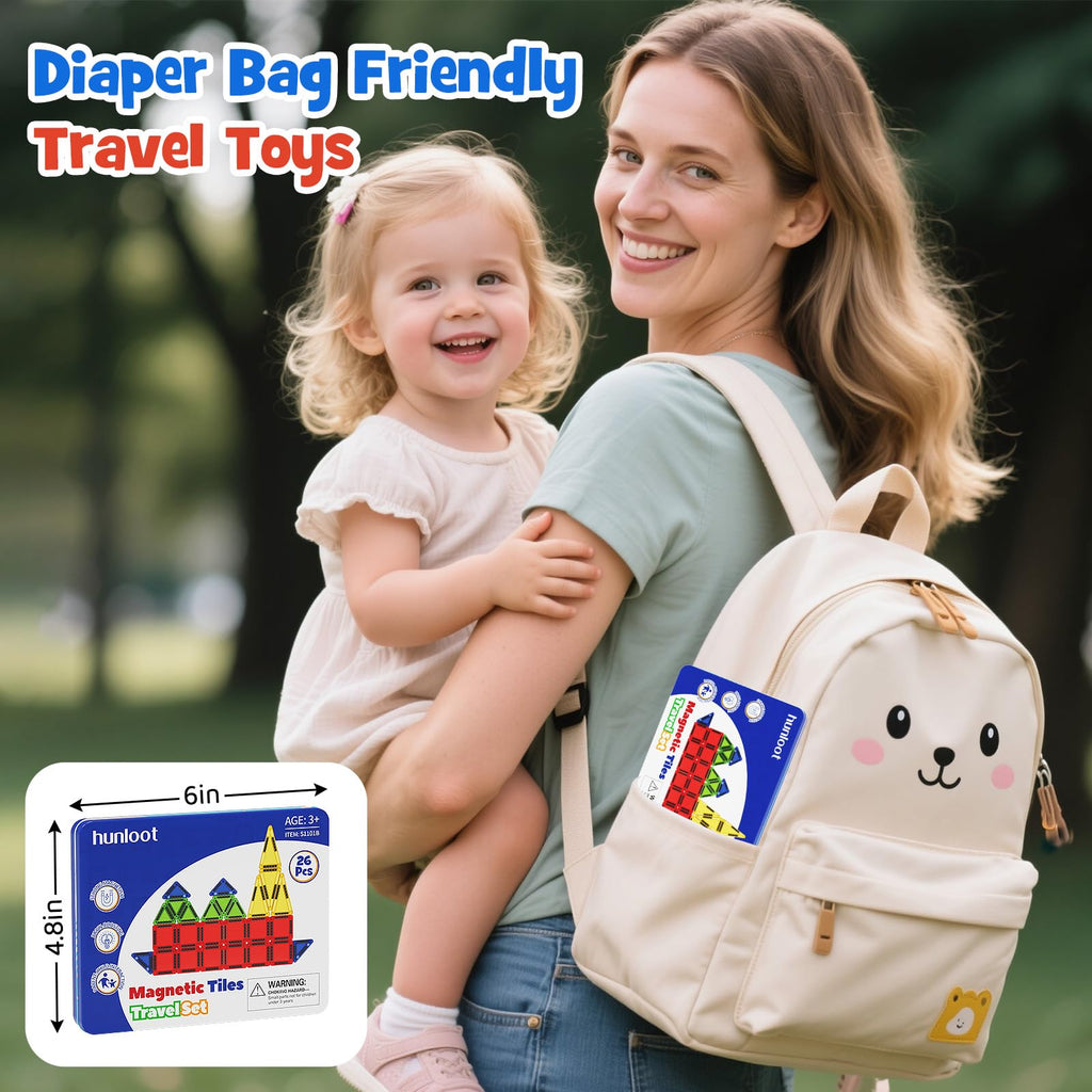 hunloot Magnetic Tiles Mini Building Blocks STEM Toys for 3-8 Year Olds,Travel-Friendly Set with Storage Iron Box,Educational Construction Playset for Toddlers,Birthday Gift for Boys & Girls