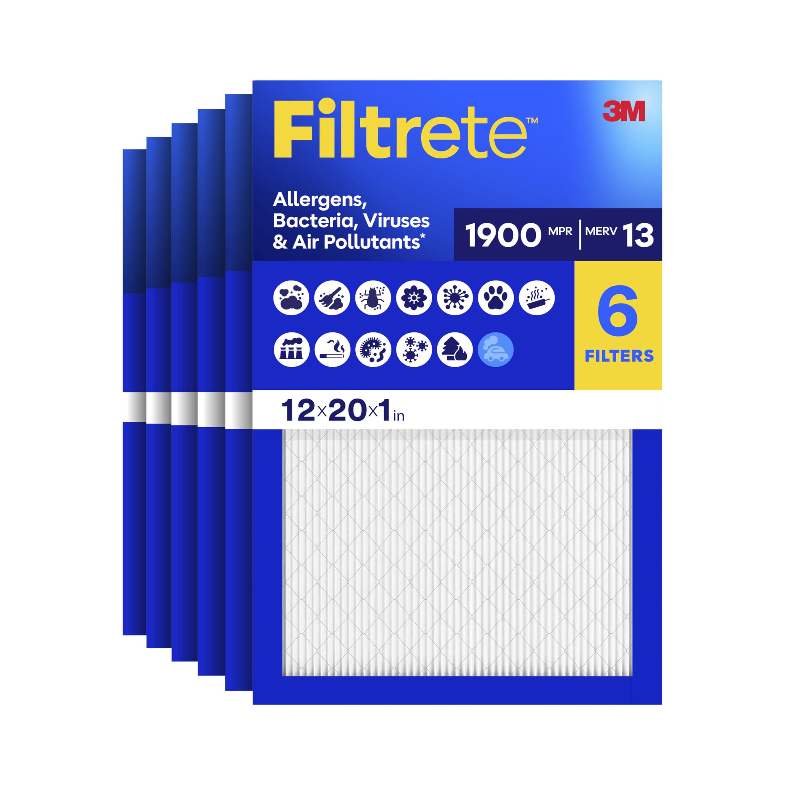 Filtrete 12x20x1 Air Filter, MERV 13 MPR 1900, Allergens, Bacteria, Viruses & Air Pollutants, 3-Month AC/Furnace Filters, Cleaner Air Reliable Airflow, 6 HVAC Filters(Act Size 11.81x19.81x0.78 in)