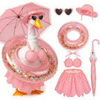 DaGailen Summer Porch Goose Outfits 23 Inch, Pink Polka Dot Porch Goose Bikini Set with Parasol Umbrella, Swim Ring, Sun Hat and Heart Sunglasses, Porch Goose Accessories for Yard Garden Patio Decor