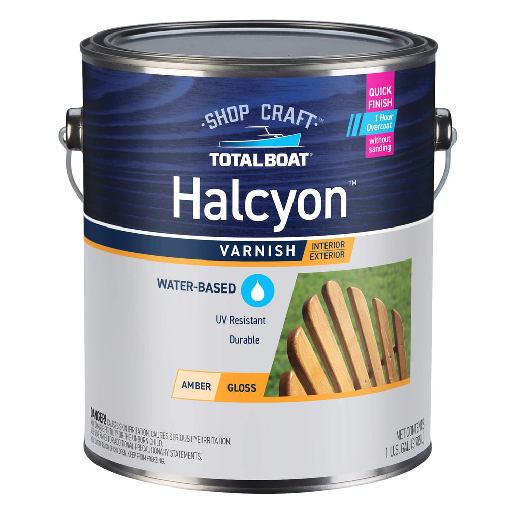TotalBoat Halcyon Water-Based Marine Varnish | Fast-Drying Polyurethane Wood Finish for Boats, Outdoor Furniture, and Woodworking | Clear Amber Gloss, Gallon