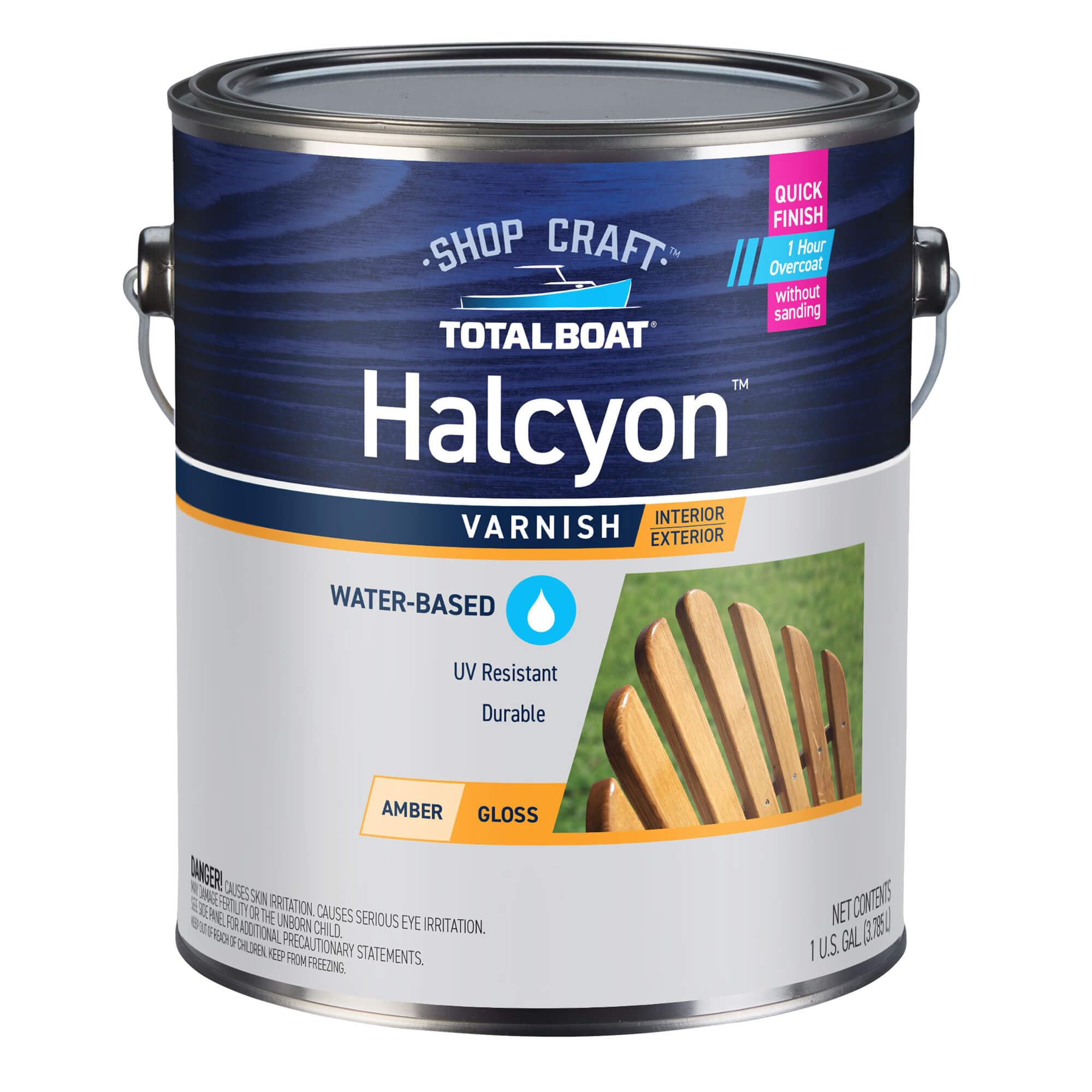 TotalBoat Halcyon Water-Based Marine Varnish | Fast-Drying Polyurethane Wood Finish for Boats, Outdoor Furniture, and Woodworking | Clear Amber Gloss, Gallon