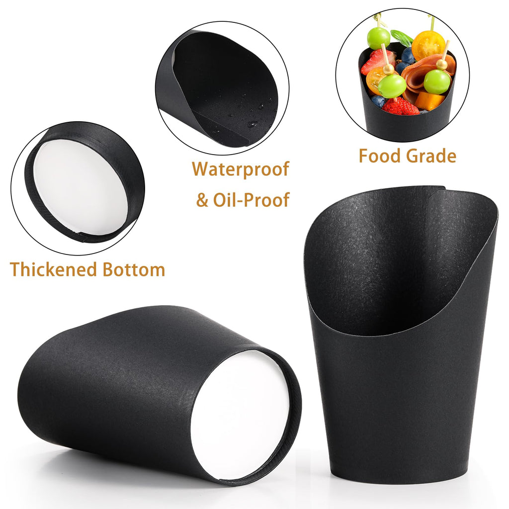 Disposable Charcuterie Cups 60 PCS with 200PCS Sticks and 60PCS Bags, 14 oz Kraft Paper Snack Boxes Appetizers Cup French Fry Holder with Cocktail Skewers Toothpicks Tooth Picks, Black