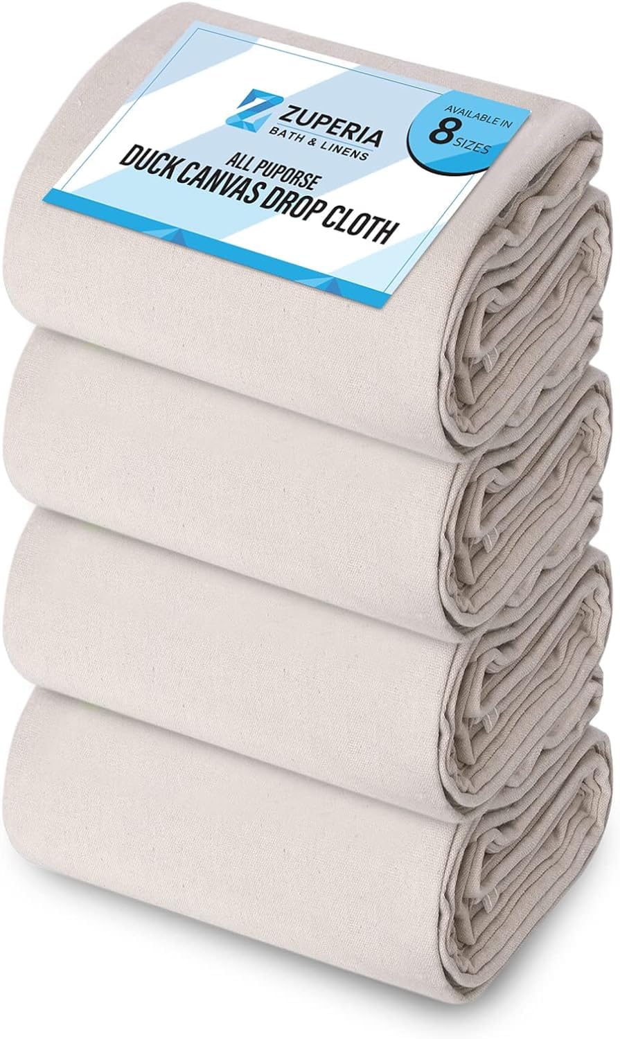 ZUPERIA Canvas Drop Cloth for Painting (Size 5'x20' Feet Pack of 4) Pure Cotton Painters Drop Cloth for Painting, Furniture & Floor Protection, All Purpose Thick Canvas tarp with Double Stitched Edges