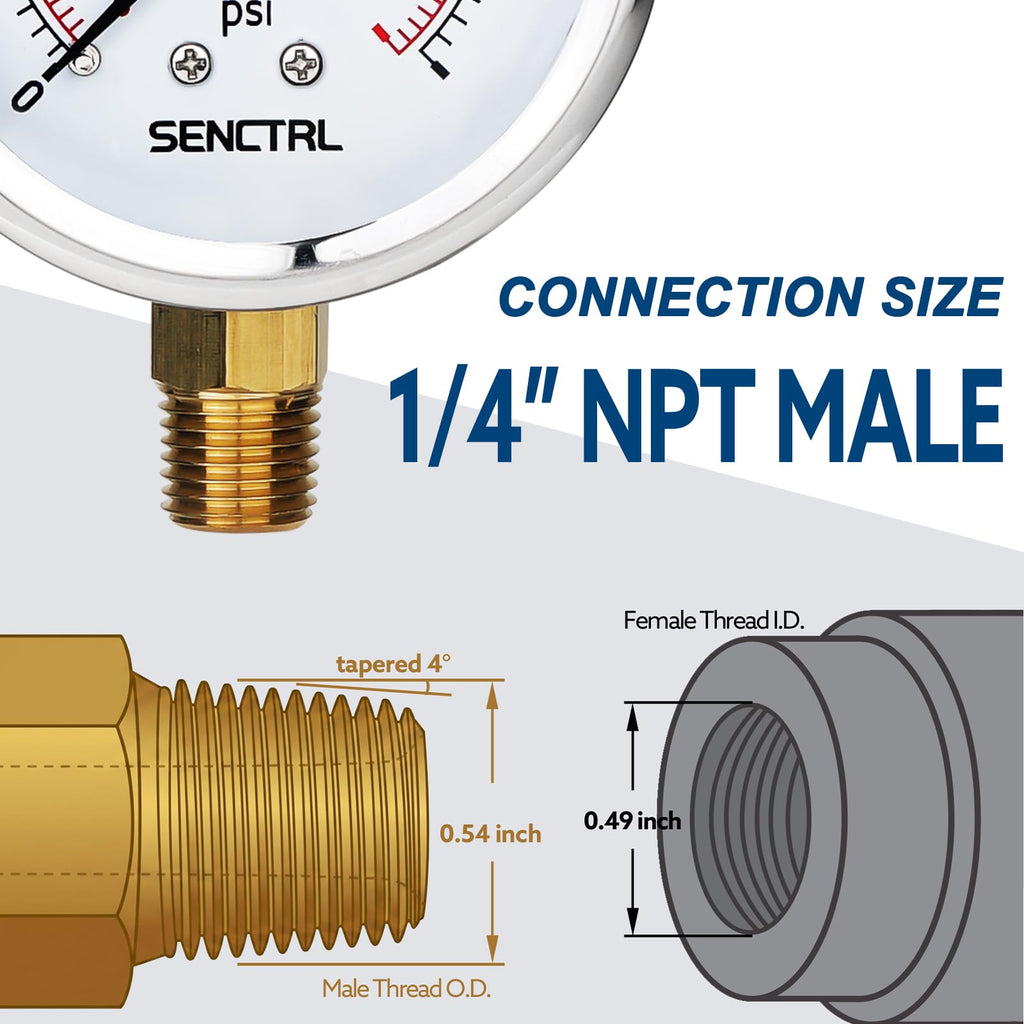 SENCTRL 0-100 Psi Liquid Filled Low Pressure Gauge, 1/4" NPT Lower Mount