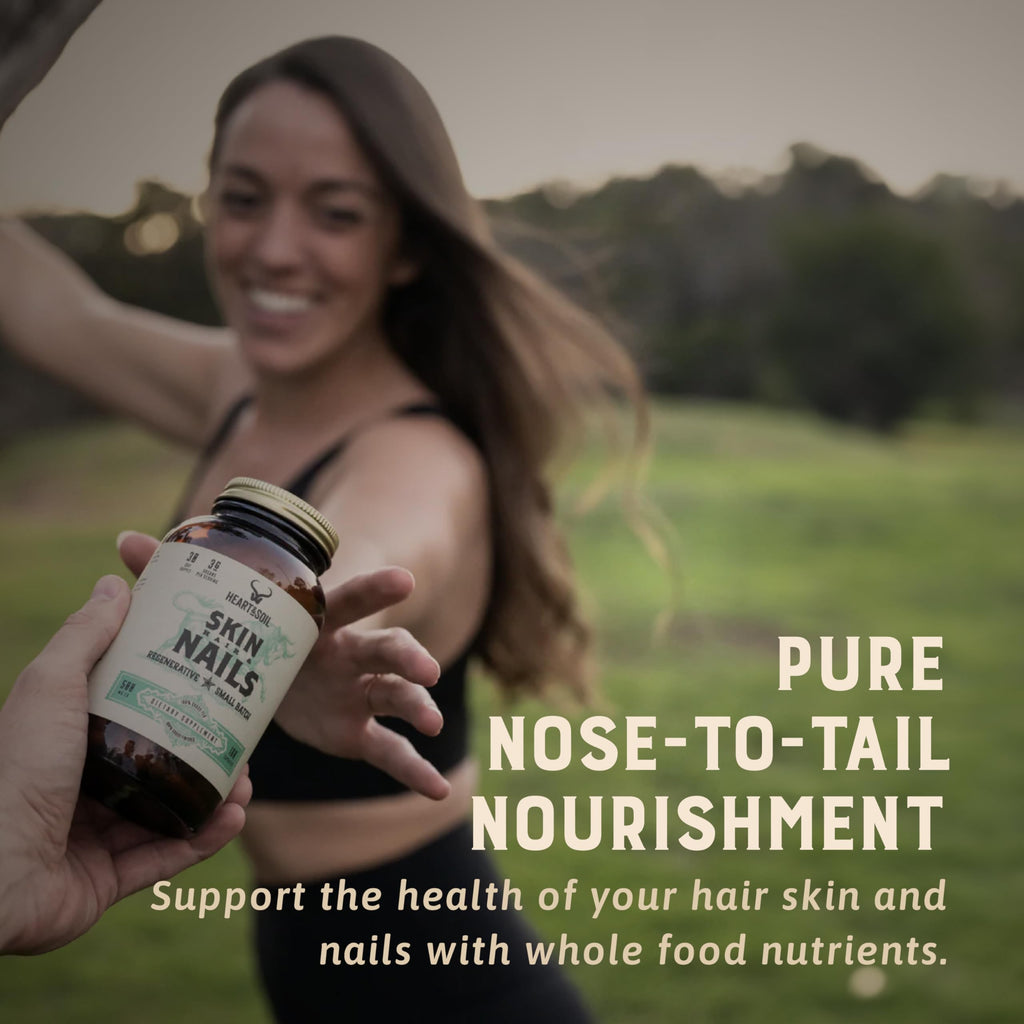 Heart & Soil – 100% Grass Fed & Finished Hair Skin and Nails Supplement from Regenerative Cattle with Cartilage, Liver, & Bone Marrow – 3000mg Beef Organs for Women & Men – Glass Bottle – 180 Capsules