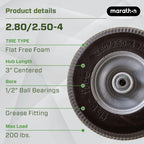 Marathon 00026 Flat Free 2.80/2.50-4 Tire and Wheel Assembly, 3” Centered Hub, 1/2” Ball Bearings, Replacement Tire for Casters, Utility Carts and Other Equipment, Easy Install Assembly