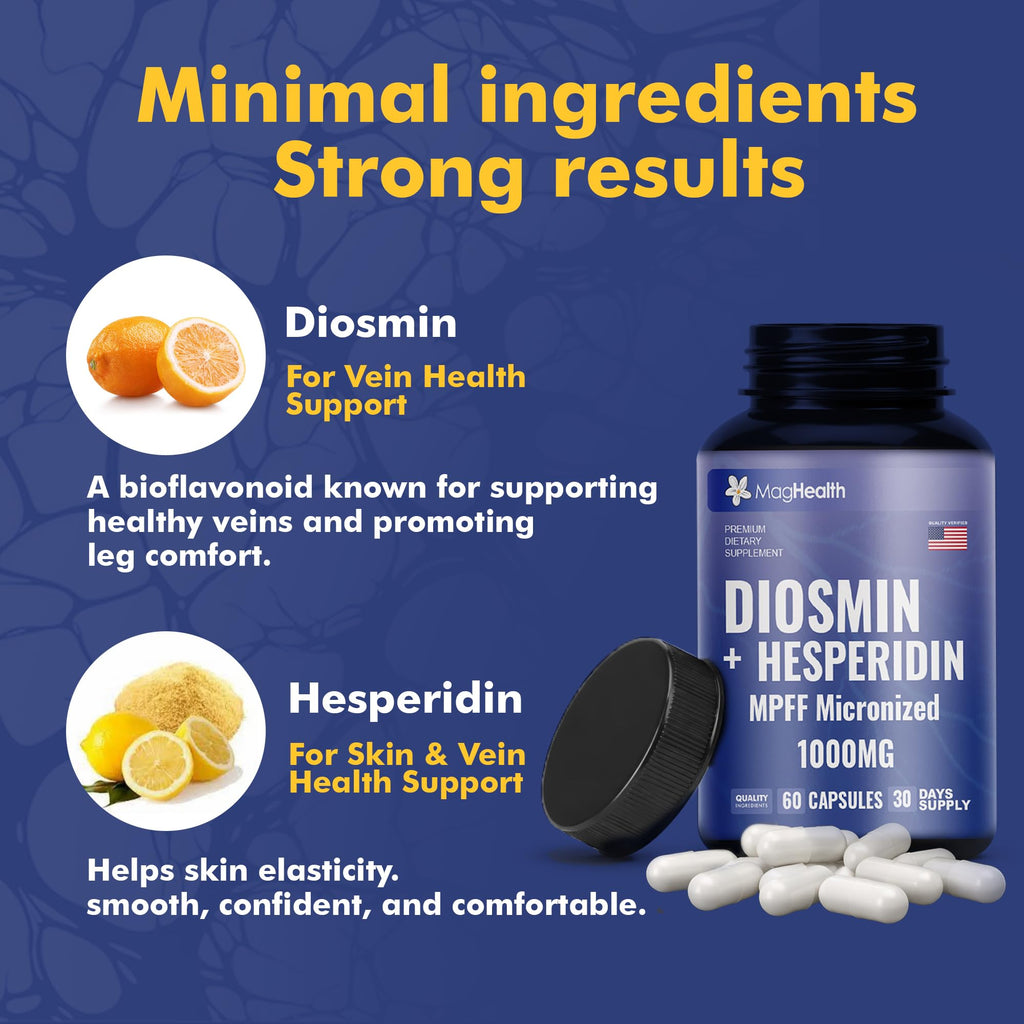 MagHealth Diosmin Hesperidin 1000mg - MPFF Micronized Formula, 900mg Diosmin + 100mg Hesperidin per Serving | Vein Support, Leg Circulation & Blood Flow Supplement | 60 Capsules, Non-GMO, Gluten Free