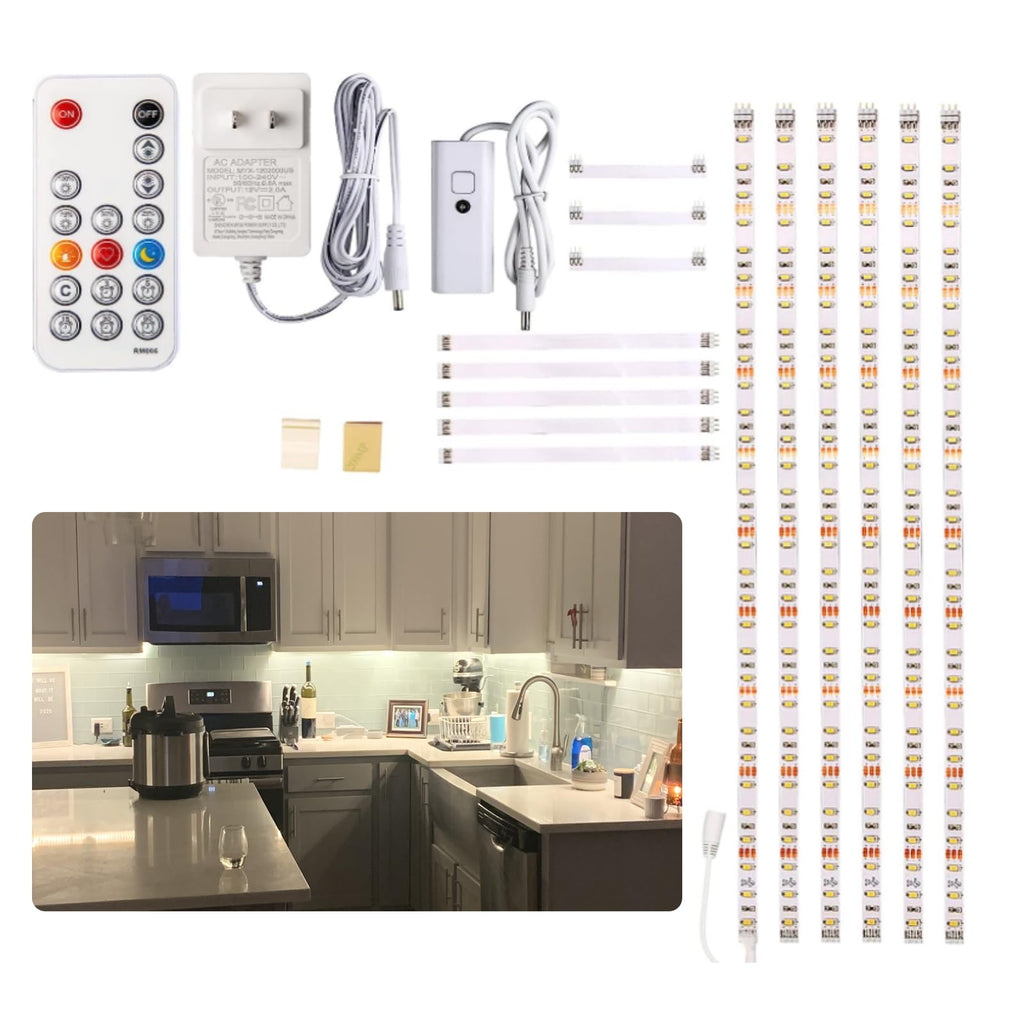 WOBANE Under Cabinet Lighting Kit, 6PCS 20inch LED Strip Bars with 24W Adapter,RF Remote,Hidden Super Bright Daylight for Kitchen Cabinet,Under Desk,Counter Lighting,4000K Natural White,1500LM