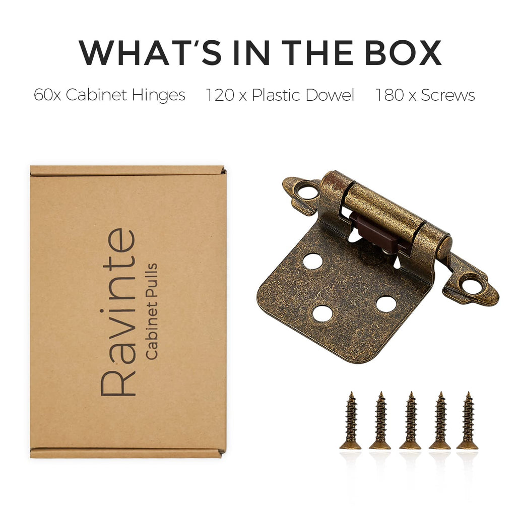 Ravinte 60 Pack (30 Pairs) 1/2 inch Overlay Cabinet Hinges, Self-Closing Semi-Concealed Face Mount, Antique Brass Decorative Hardware with Door Bumpers for Kitchen & Cupboard Doors