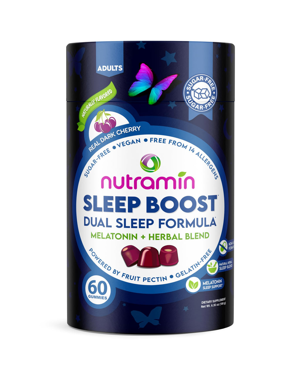 NUTRAMIN Sleep Boost - Dual Sleep Formula Melatonin + Herbal Blend - Sugar-Free, Vegan, Apple Pectin, Dark Cherry 60 ct