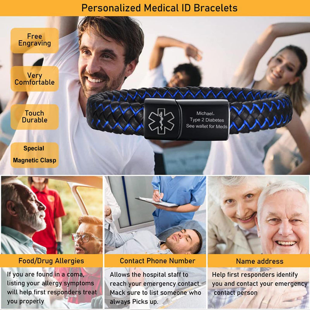 VNOX Free Engraving Medical Alert ID Blue&Black Braided Leather Black Stainless Steel Cuff Bracelet