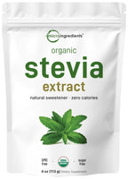 Micro Ingredients Pure Organic Stevia Powder, 4 Ounces, 706 Serving, Highest Grade Stevia Green Leaf Extract Reb-A, Reduced Bitter Aftertaste, 0 Calorie, Natural Sweetener, Sugar Alternative, Keto Friendly