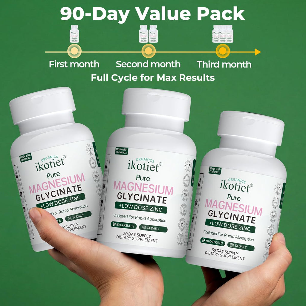 IKOTIET Magnesium Glycinate with Low Dose Zinc, Chelated Gentle Absorption VeganCapsules, 180 Count 90-Day Supply. Gluten, Dairy & Shellfish Free easy-swallow pills for men & women, Third-Party Tested