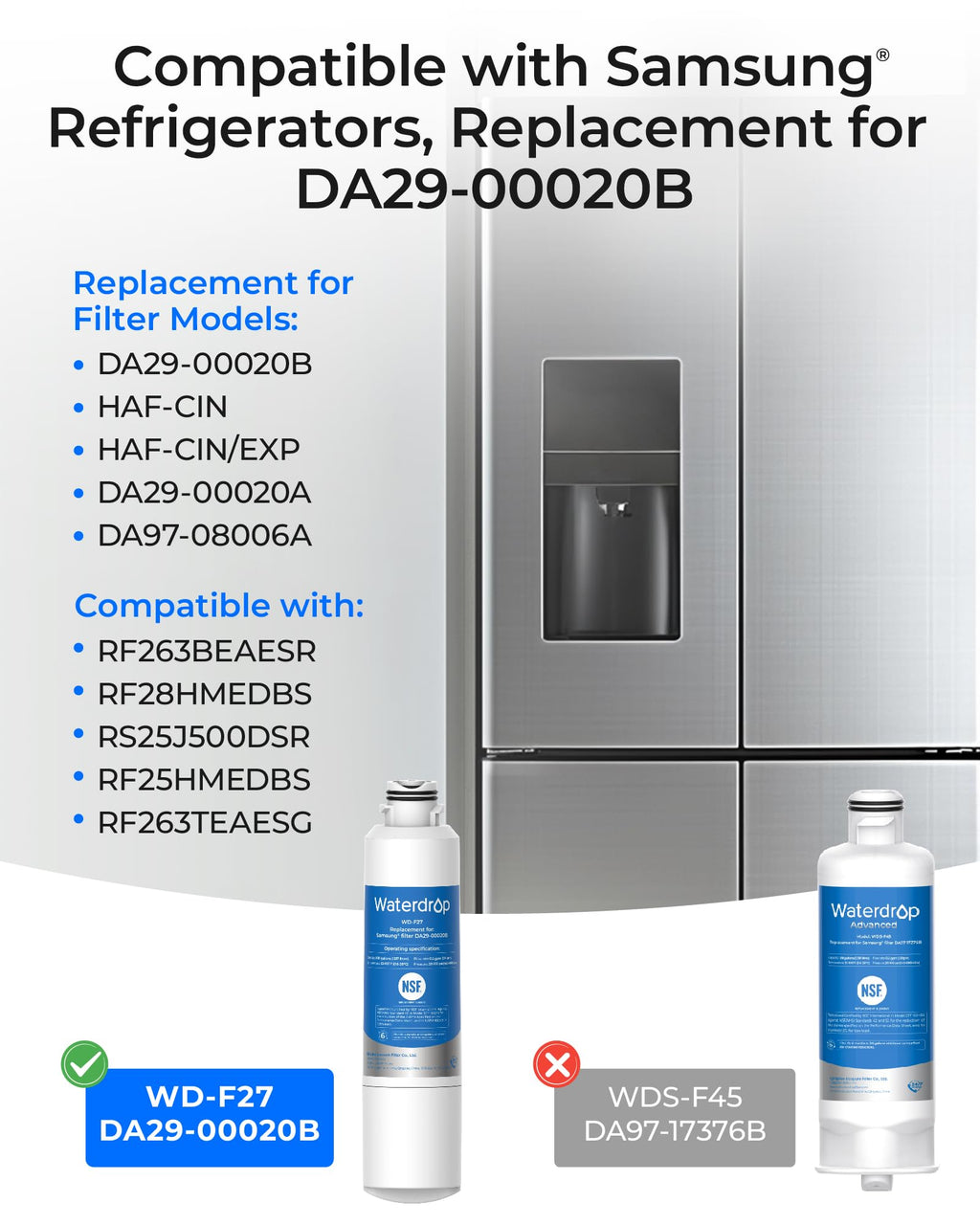 Waterdrop DA29-00020B Refrigerator Water Filter, Replacement for Samsung® HAF-CIN/EXP, DA29-00020A/B, DA29-00020B-1, RF263BEAESR, RF28HMEDBSR, RF263TEAESG, RF4287HARS, 3 Filters