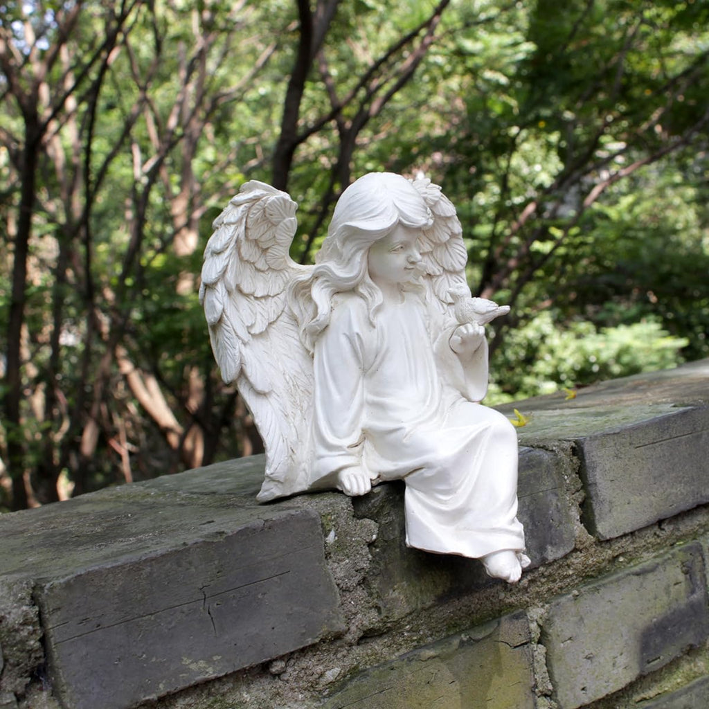 JARPSIRY Angel Garden Statue, Sitting Angel Sculpture, Resin Angel with Bird Figurine for Patio Yard Porch Lawn Outdoor Decor Home Shelf Sitter Memorial Spiritual Gifts