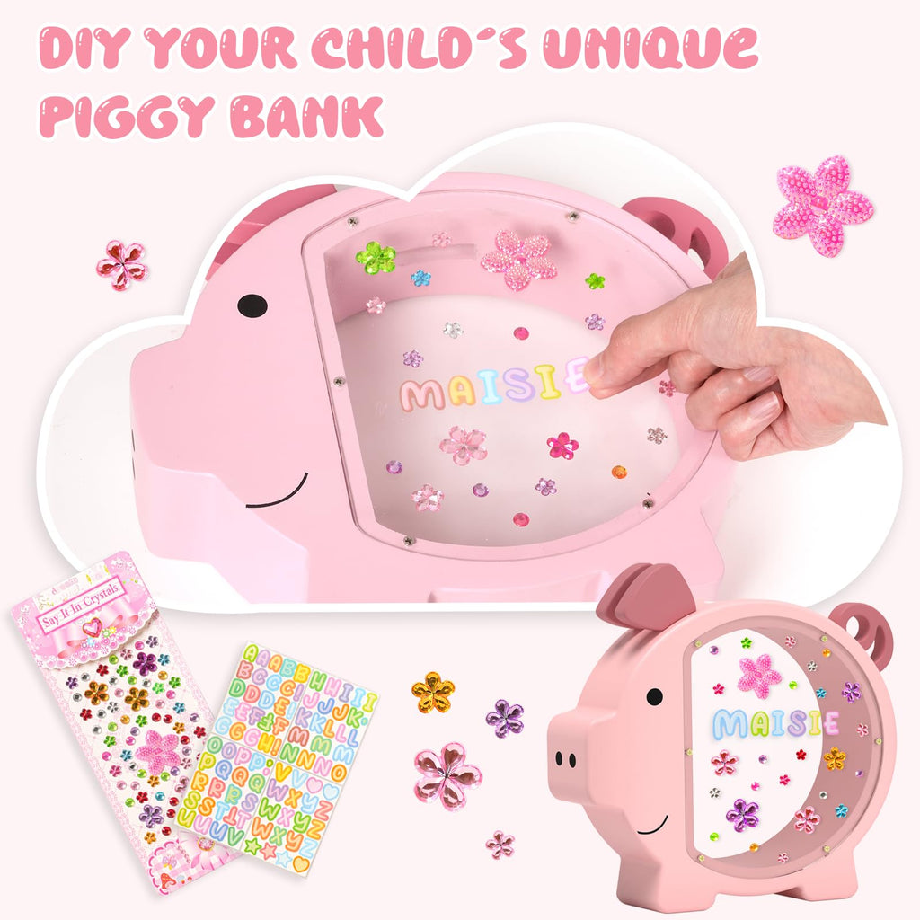 Summidate Pink Piggy Bank for Kids Girls,Large Wooden Pig Money Banks