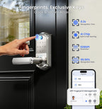 Veise VE019 Fingerprint Smart Lever Lock, App Control, Keyless Entry Door Lock with Handle, Touchscreen Keypad Knob for Front Door and Bedroom, Remote Access Sharing, IP55 Waterproof, Satin Nickel