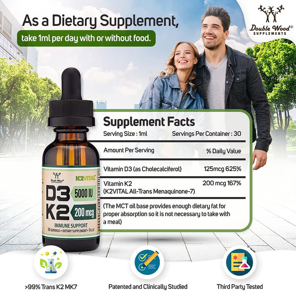 Vitamin D3 K2 5,000 IU Liquid Drops (5,000 IU of D3 and 200mcg of 99.9% All-Trans Patented K2 MK-7 (K2Vital)) Max Absorption Liquid Vitamin D Drops (30 Servings) by Double Wood (Pack of 2)
