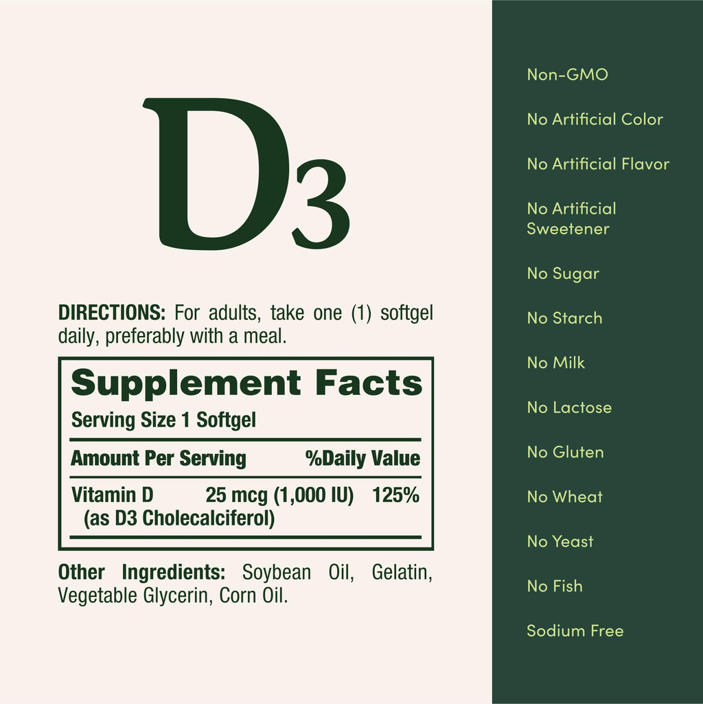 Nature's Bounty Vitamin D3 1000 IU Softgels, Immune Support, Promotes Healthy Bones, 1 Softgel per Day, Gluten Free, 350 Count