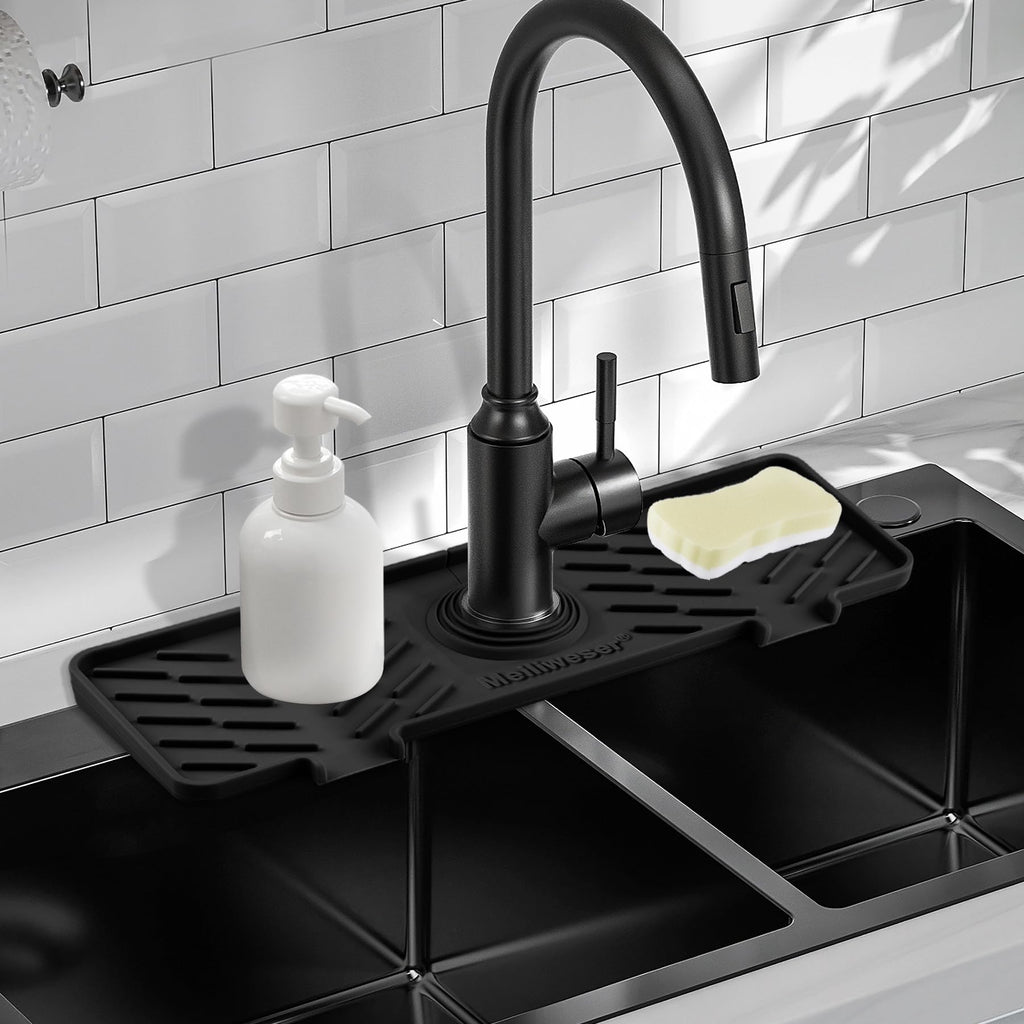 Meiliweser Silicone Faucet Mat for Kitchen Sink – Gen 3 10° Slope Splash Guard with Cuttable Hole – 14” x 5.5” Drip Catcher & Sponge Holder for Kitchen, Bathroom (Black)