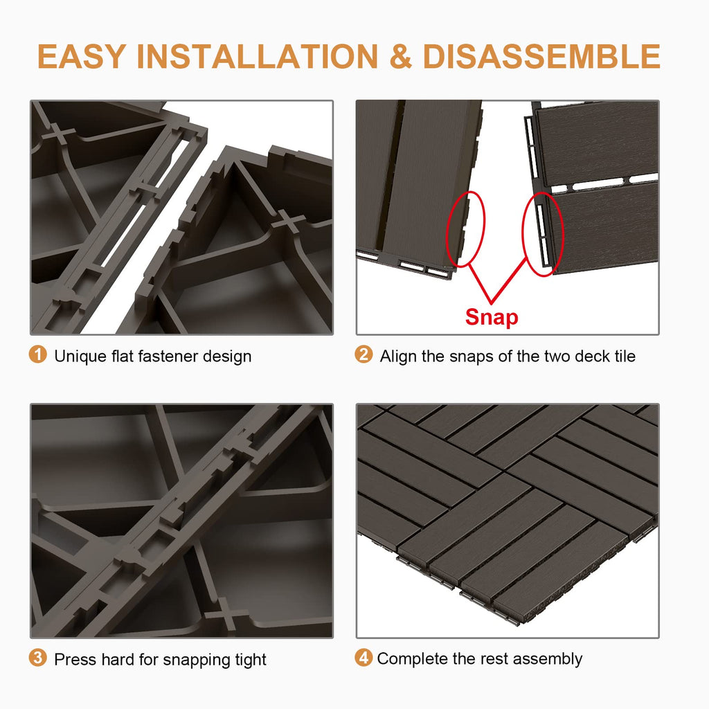 Goovilla Plastic Interlocking Deck Tiles, 9 Pack Balcony Flooring, 12"x12" Waterproof Outdoor Flooring All Weather Use, Patio Floor Decking Tiles for Porch Poolside Backyard Concrete, Dark Coffee