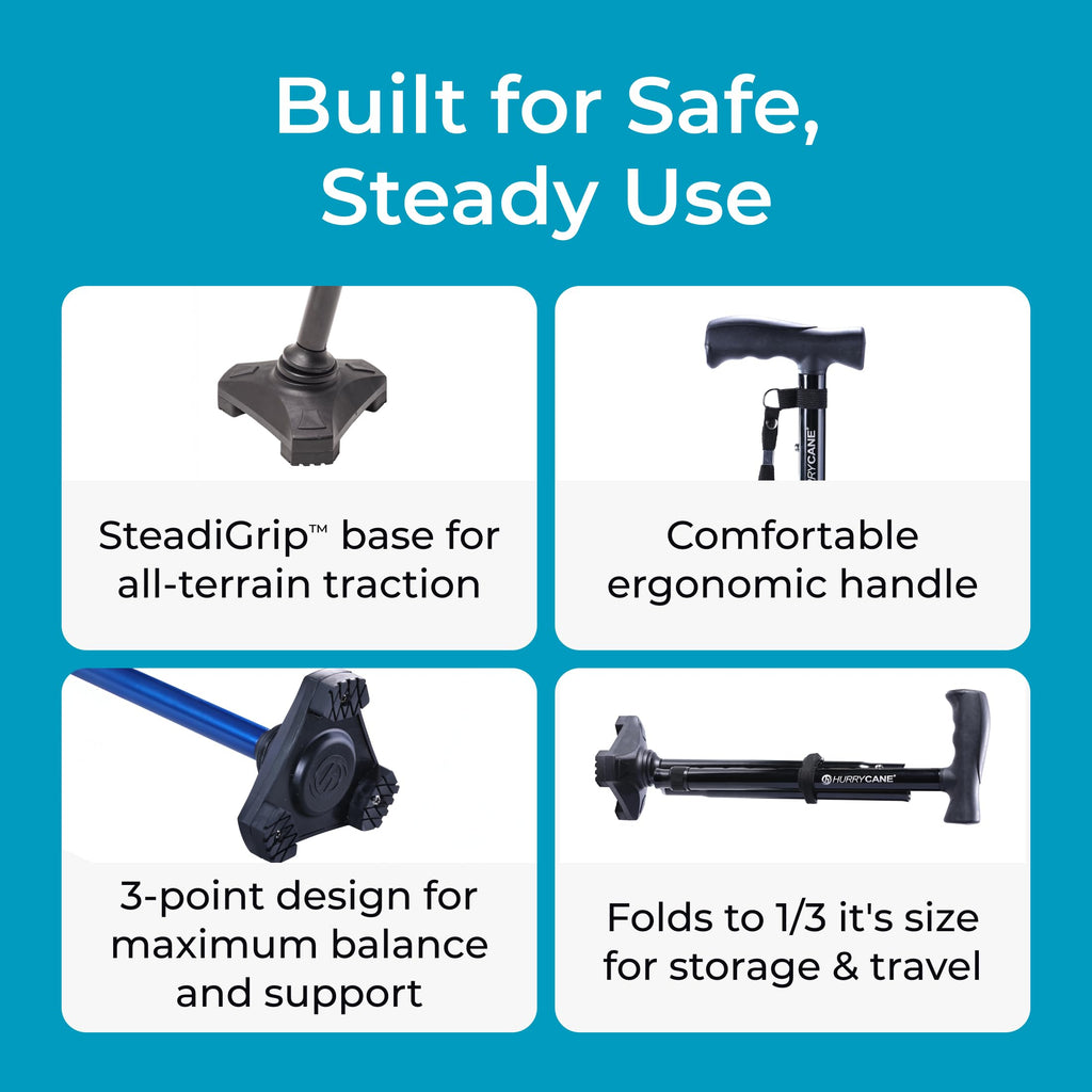 HurryCane Freedom Edition Foldable Walking Cane With T Handle - Enhanced Mobility Support - Patented SteadiGrip Base - Adjustable Height - Lightweight Foldable Design - Black