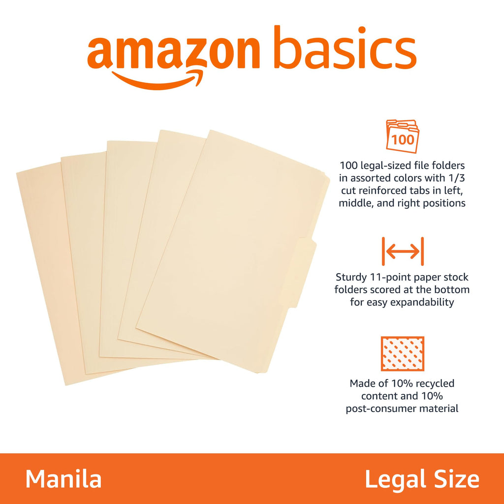Amazon Basics Sturdy Manila File Folders, 1/3 Tabs in Assorted Positions for Filing and Easy Labeling, Legal Size, 8.5 x 14 inch, 100-Pack