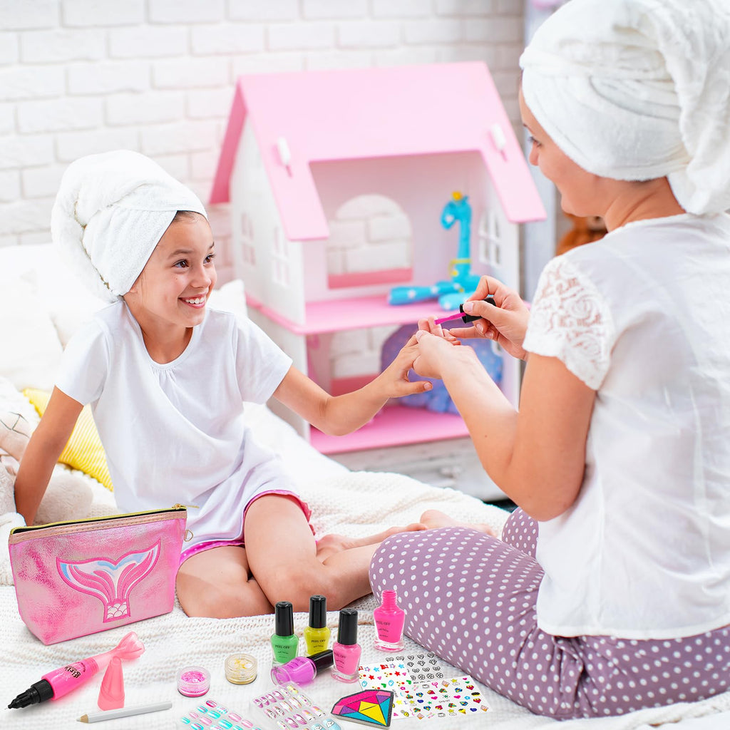 Amagoing Kids Nail Polish Set for Girls, Girls Nail Kit Ages 7-12 with Nail Dryer, Quick-Dry Nail Polish, Nail Art Pens, Cartoon Press on Nail, Makeup Bag, Spa Manicures Birthday Christmas Gift Toy