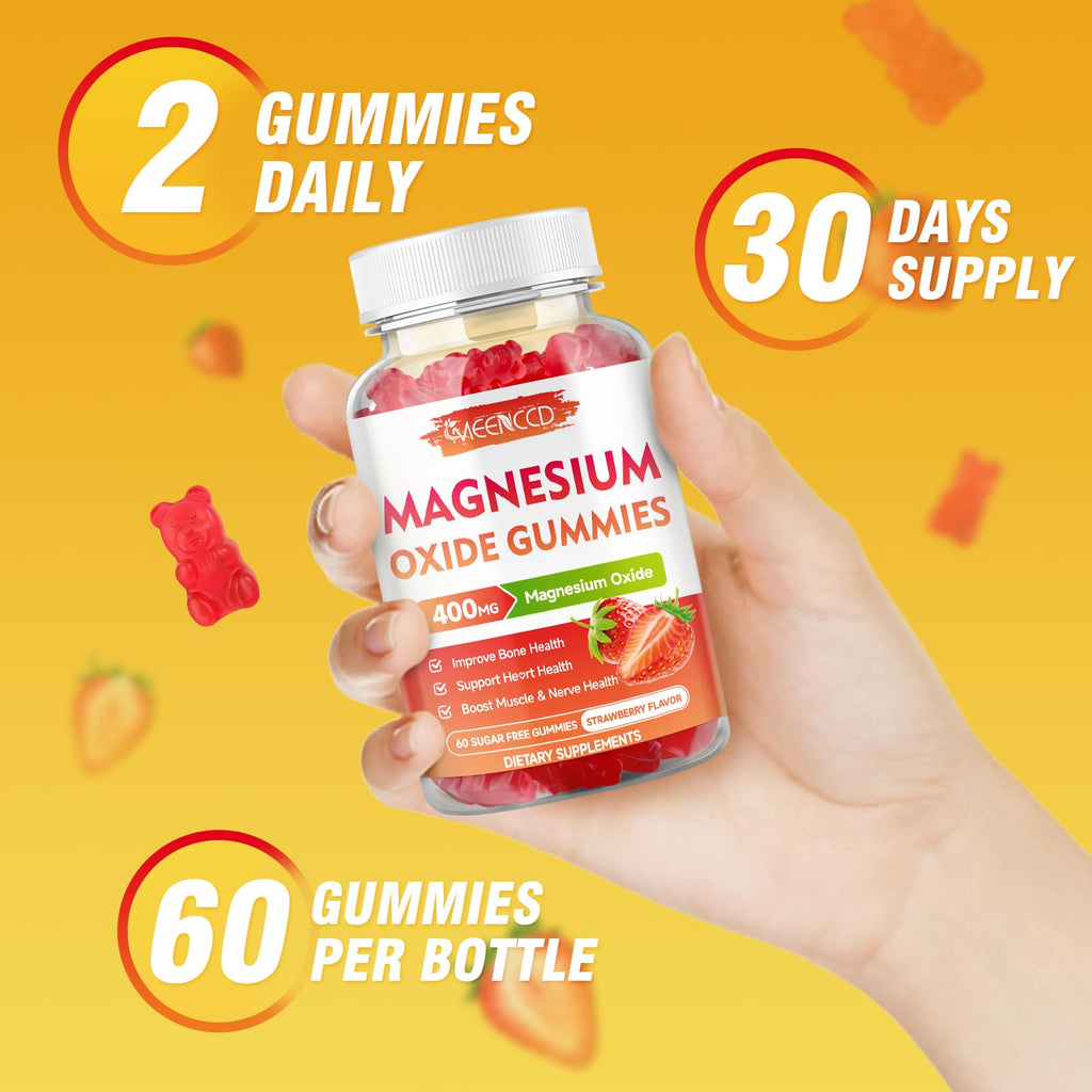 2 Pack Magnesium Oxide Gummies 400mg, Chewable Magnesium Oxide Supplement for Adults & Kids, Muscle Function Support, Non-GMO, Sugar-Free, Strawberry Flavor, 120 Count