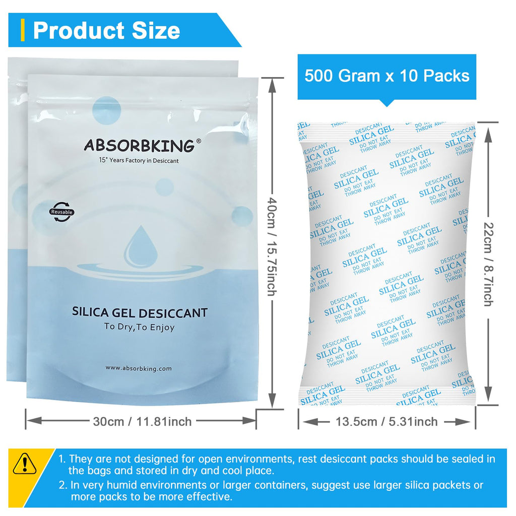 Large Desiccant Packs, 500 Gram 10 Packs Silica Gel Packets, Silica Gel Car Dehumidifier by Reusable, Large Moisture Absorbers for Electric Tool, Basement, 3D Filaments and Safes