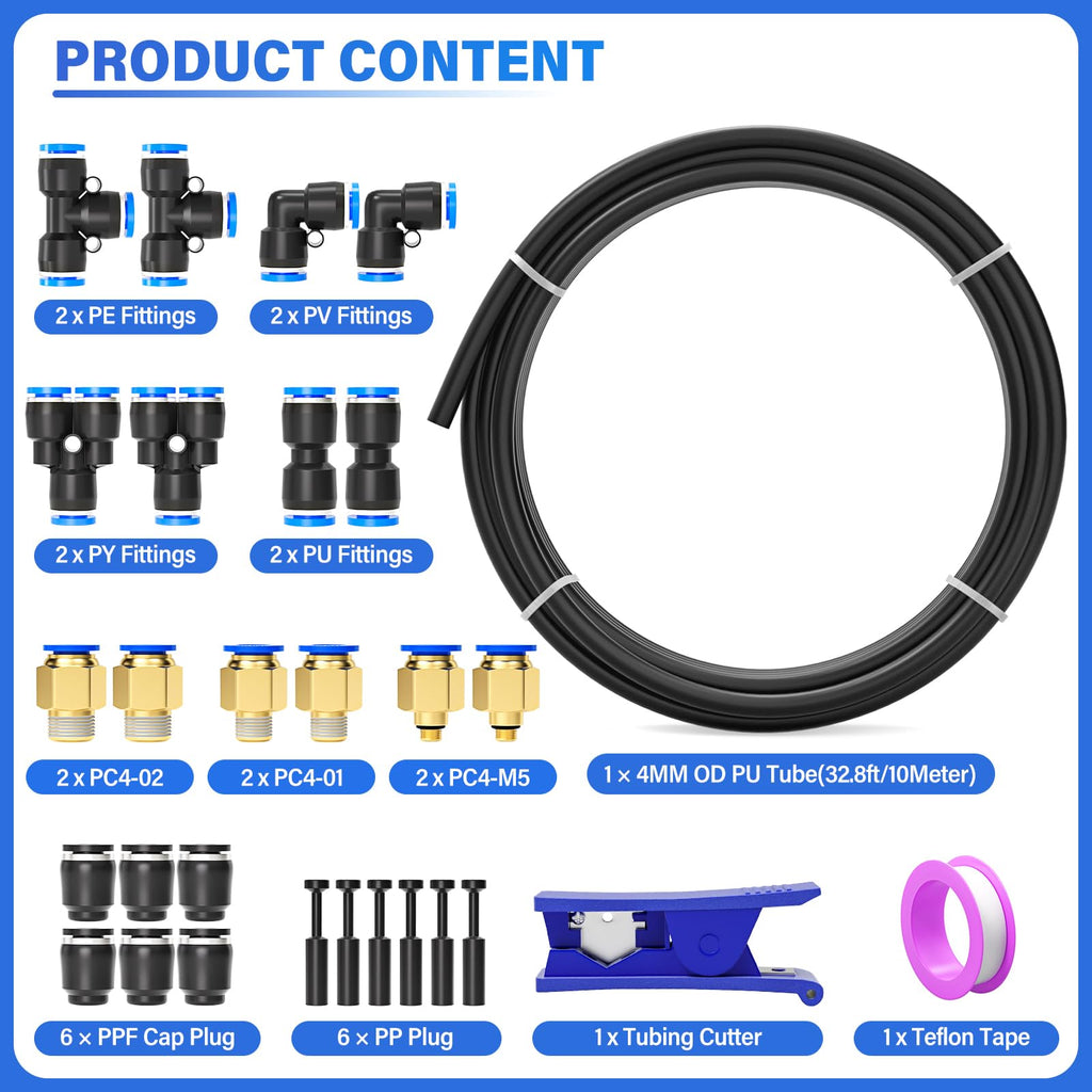 TAILONZ PNEUMATIC Black 4MM or 5/32 Inch OD 10 Meter 32.8ft PU Polyurethane Air Tubing Kit Pipe Hose Air Line Tubing Air Hose Fittings Push to Connect Fittings(29PCS)