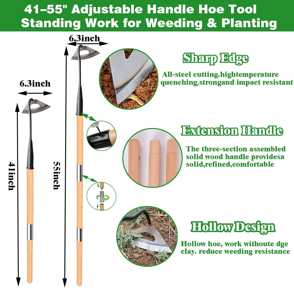 Gardening Tools Hollow Hoe, All-Steel Hardened Hollow Hoe with 55 Inch Long Handle, Sharp Edge Garden Weeding Tools, Garden Weeder Tool Shovel Weed Puller for Backyard Loosening Farm Planting Weeding