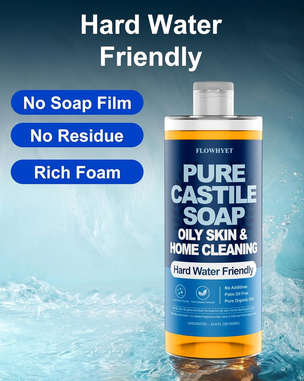 FLOWHYET Pure Castile Soap Liquid Unscented 33.8 fl oz, EWG Verified Organic Body Wash，Bath Soap Castile Liquid, Hard Water Friendly for Sensitive & Oily Skin for Body，Face, Hand, Home Cleaner 1L