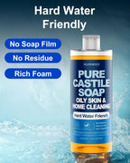 FLOWHYET Pure Castile Soap Liquid Unscented 33.8 fl oz, EWG Verified Organic Body Wash，Bath Soap Castile Liquid, Hard Water Friendly for Sensitive & Oily Skin for Body，Face, Hand, Home Cleaner 1L