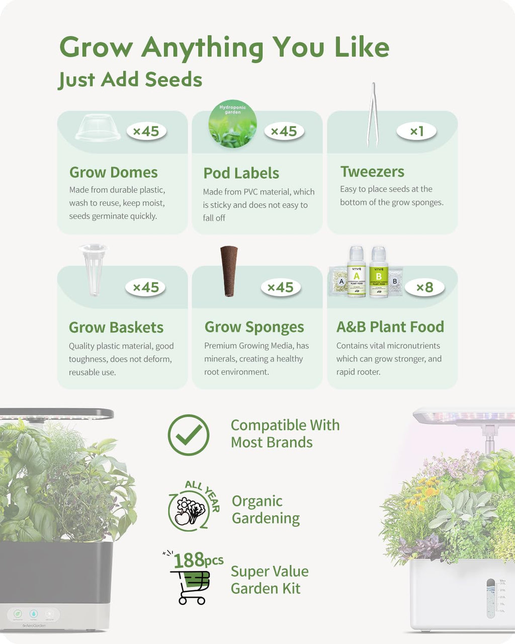 URUQ 188pcs Hydroponic Pods Kit Compatible with AeroGarden & Most Brands