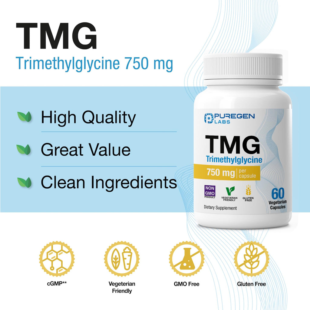 Puregen Labs TMG 750 mg – Trimethylglycine Supplement – Non-GMO, NO Gluten and Dairy - 3 Pack | Total 180 Vegetarian Capsules