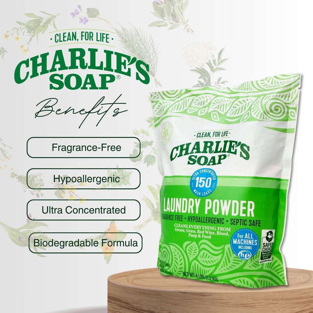 Charlie’s Soap Laundry Powder Detergent (150 Loads, 1 Pack) Fragrance Free Hypoallergenic Deep Cleaning Laundry Detergent Powder – Residue Free, HE Compatible, Septic Safe