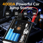 Jump Starter with Air Compressor, 4000A Peak Car Battery Charger, 200 PSI Tire Inflator, Heavy Duty Power Pack for Up to 9.0L Gas, 8.0L Diesel Engines, LED Light, USB Ports, Emergency Road Kit