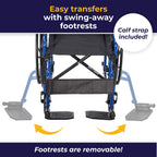 Drive Medical Blue Streak Lightweight Wheelchair - Portable Folding Mobility Aid - Swing-Away Footrests - Desk Arms - Durable Steel Frame - Easy Transport & Storage - 16-Inch Seat