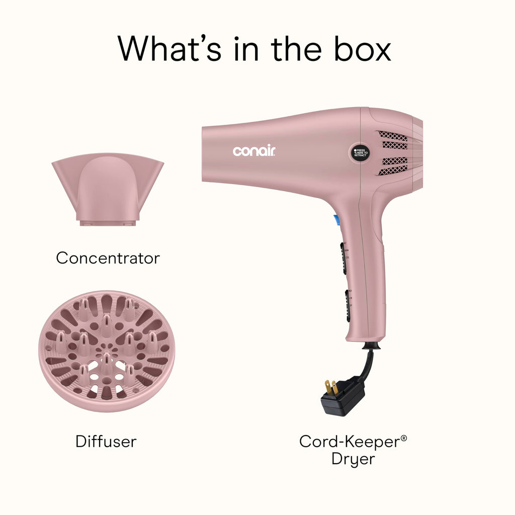 Conair Hair Dryer with Diffuser & Concentrator, 1875W, Matte Light Pink