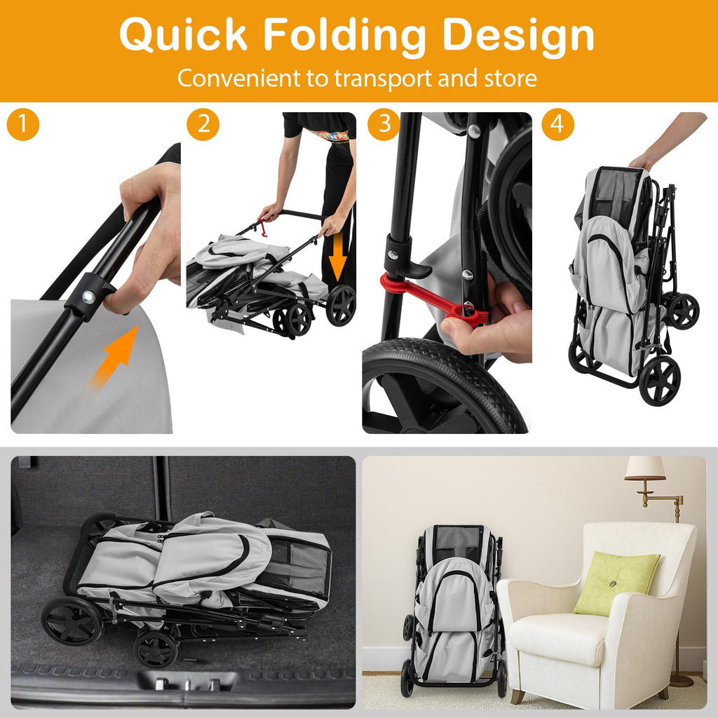 HAPPAWS Dog Stroller with 2 Detachable Carrier, Pet Stroller for Small Medium Dogs Cats, Jogger/Travel/Camping, 4-in-1 Doggy Pet Carrier, Carrier Strolling Cart with Lockable Wheels (Gray)