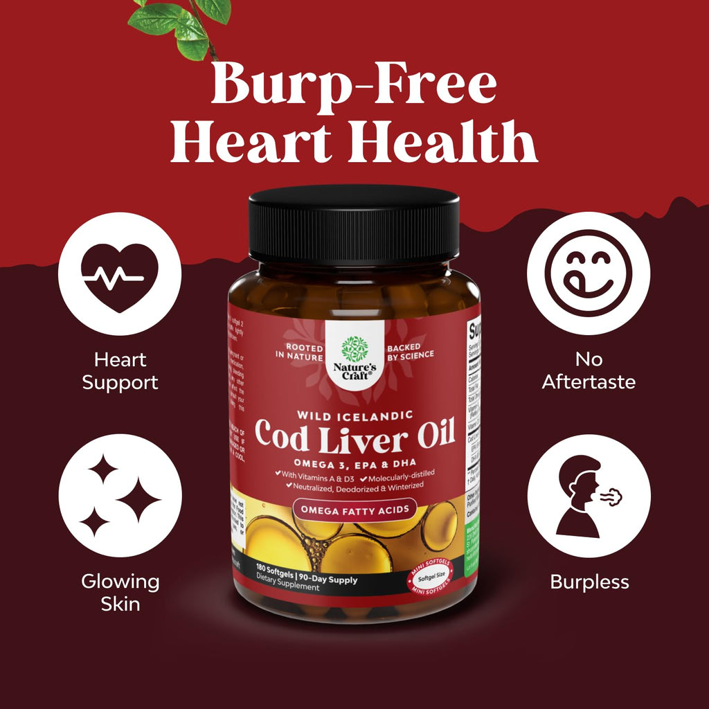 Icelandic Cod Liver Oil Softgels - Wild Caught Omega 3 Fish Oil 1000mg per serving - Sustainably Sourced Burpless Fish Supplement with Vitamin D3 & A for Heart Joint Brain & Immune Support - 180 Count