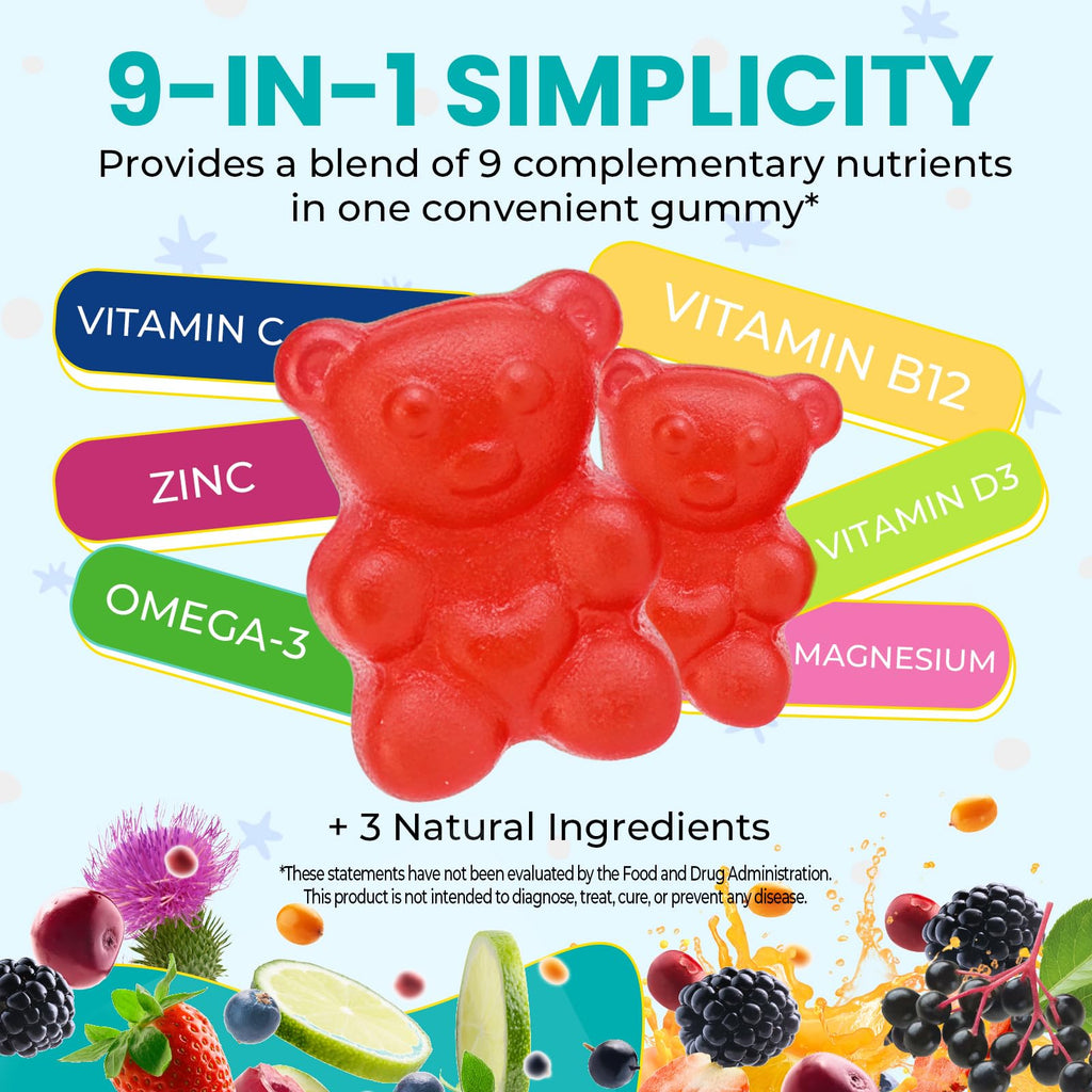 Zeolite Kids Detox Gummies,Zeolite Detox for Kids & Adults,9-in-1 All in One Daily Kids Supplement with Zeolite,Elderberry,Omega-3,Magnesium,Vitamin,Milk Thistle,Zinc,B12,Sugar Free 60 Gummies